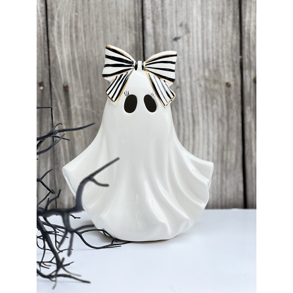 Halloween ceramic ghost with bow 10in lights up New